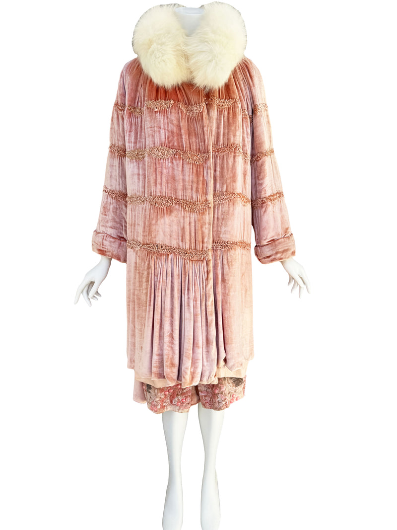 1920s French Couture Pink Silk Velvet Dress & Coat  Set