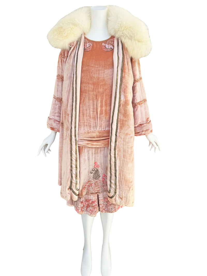 1920s French Couture Pink Silk Velvet Dress & Coat  Set