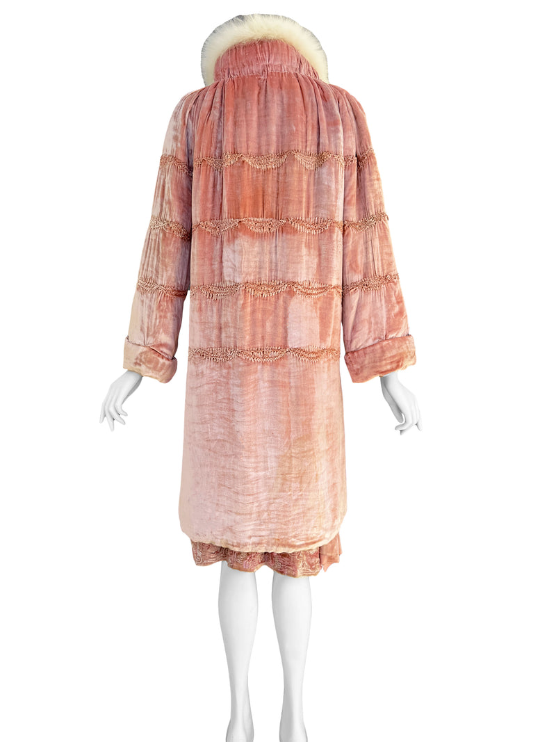 1920s French Couture Pink Silk Velvet Dress & Coat  Set