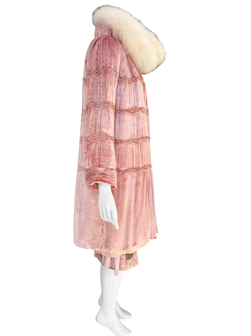 1920s French Couture Pink Silk Velvet Dress & Coat  Set