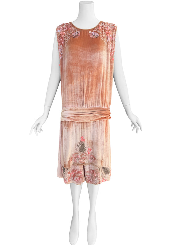 1920s French Couture Pink Silk Velvet Dress & Coat  Set