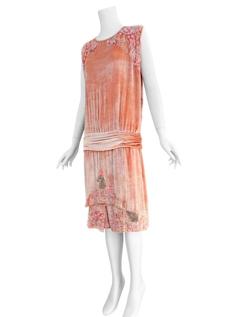 1920s French Couture Pink Silk Velvet Dress & Coat  Set