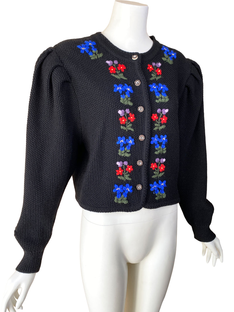 1980s Black Embroidered Tyrolean Cardigan
