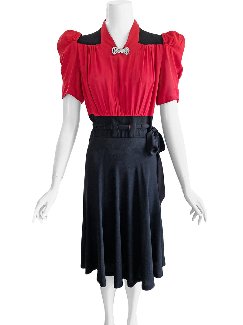 1940s Black & Red Colorblock Dress