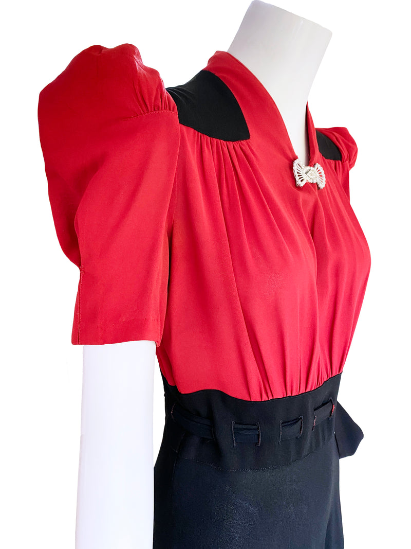 1940s Black & Red Colorblock Dress