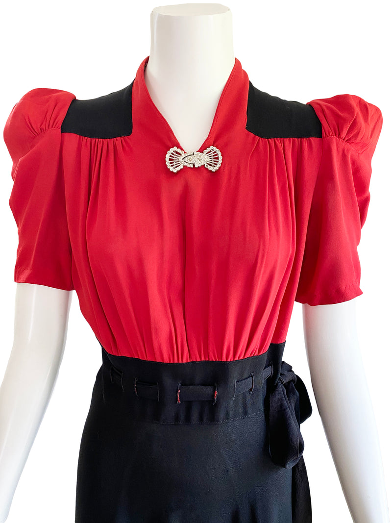 1940s Black & Red Colorblock Dress