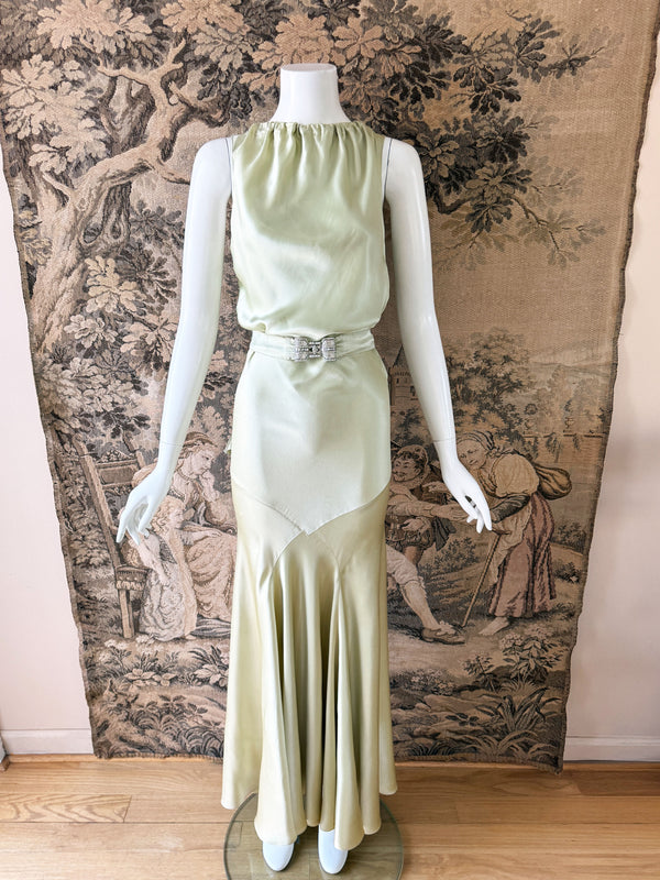 Art Deco 1930s Celadon Green Satin Dress