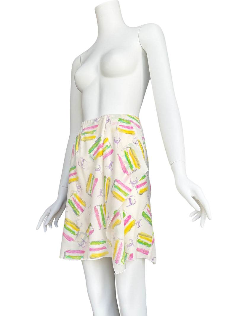 Chanel Cruise 2004 CC Logo and Cake Print Silk Skirt