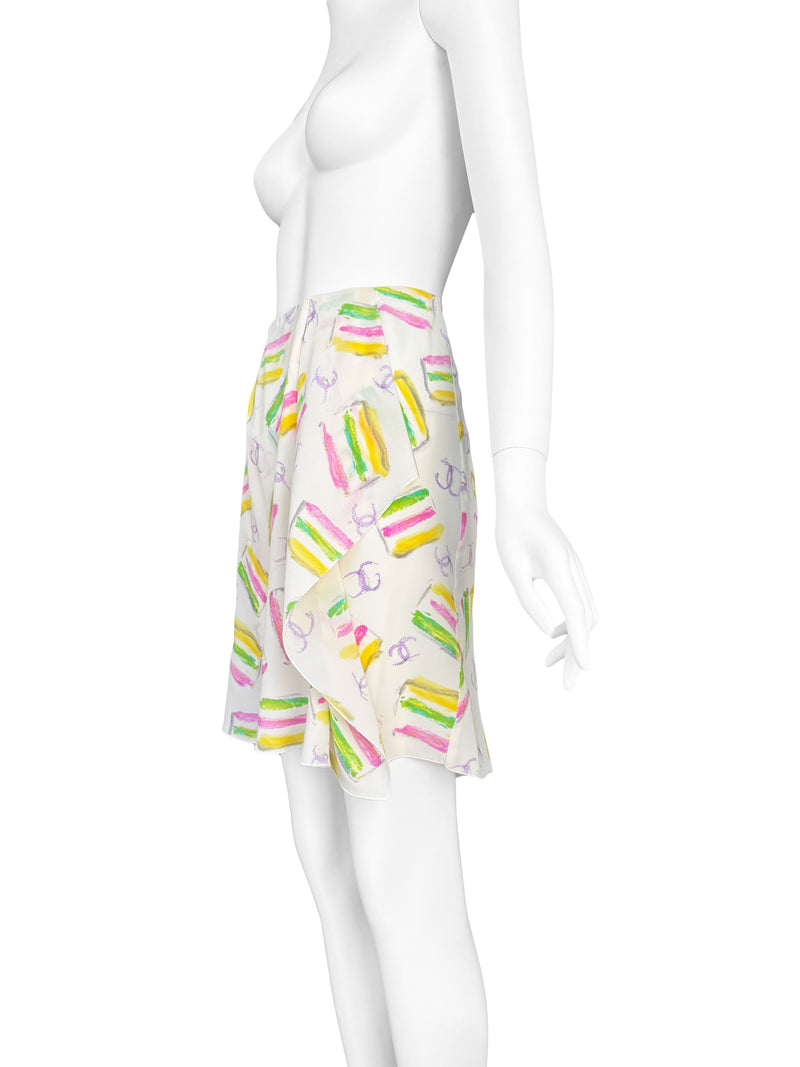Chanel Cruise 2004 CC Logo and Cake Print Silk Skirt