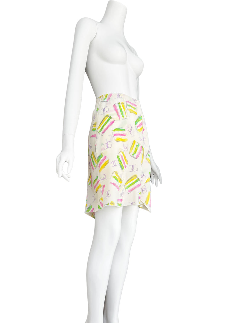 Chanel Cruise 2004 CC Logo and Cake Print Silk Skirt