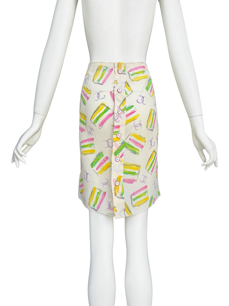 Chanel Cruise 2004 CC Logo and Cake Print Silk Skirt