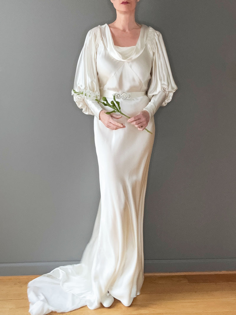 1930s Art Deco Balloon Sleeve Wedding Dress