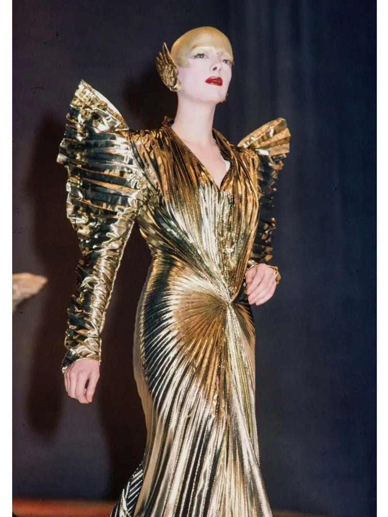 Climax 1980s Pleated Gold Lame Maxi Dress