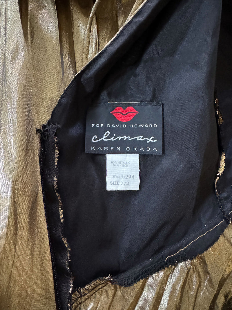 Climax 1980s Pleated Gold Lame Maxi Dress