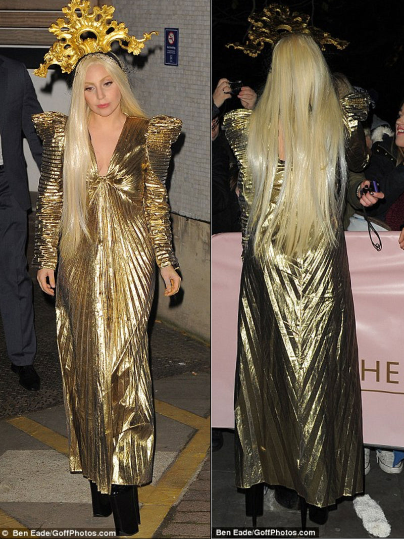 Climax 1980s Pleated Gold Lame Maxi Dress