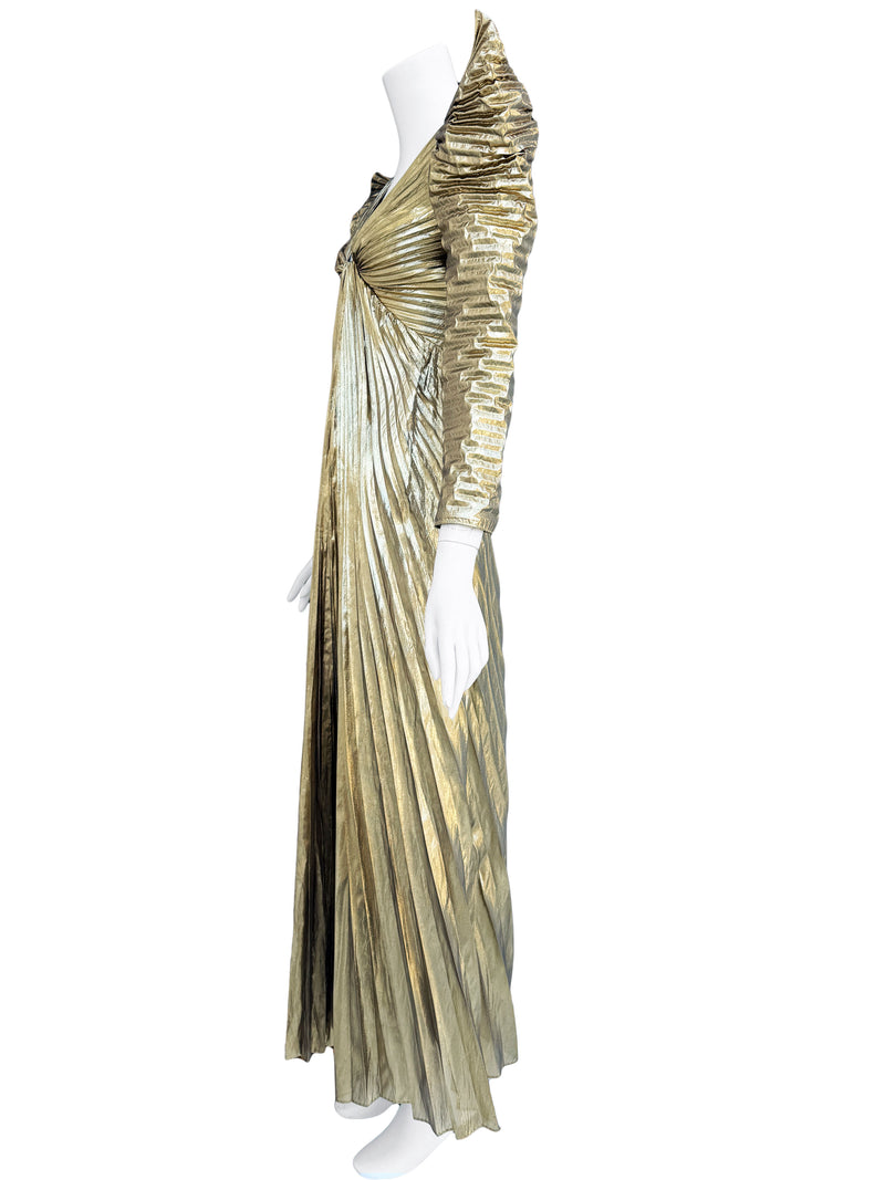 Climax 1980s Pleated Gold Lame Maxi Dress