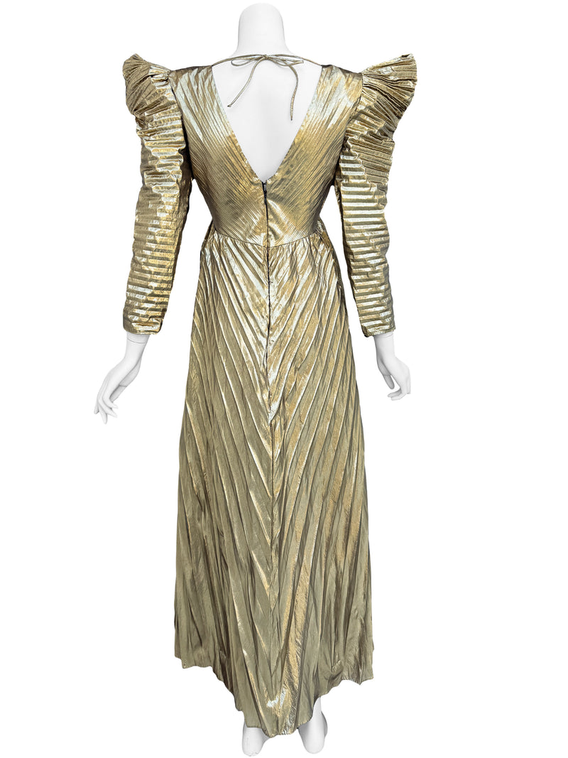Climax 1980s Pleated Gold Lame Maxi Dress Sweet Disorder Vintage Climax 1980s Pleated Gold Lame Maxi Dress Sweet Disorder Vintage