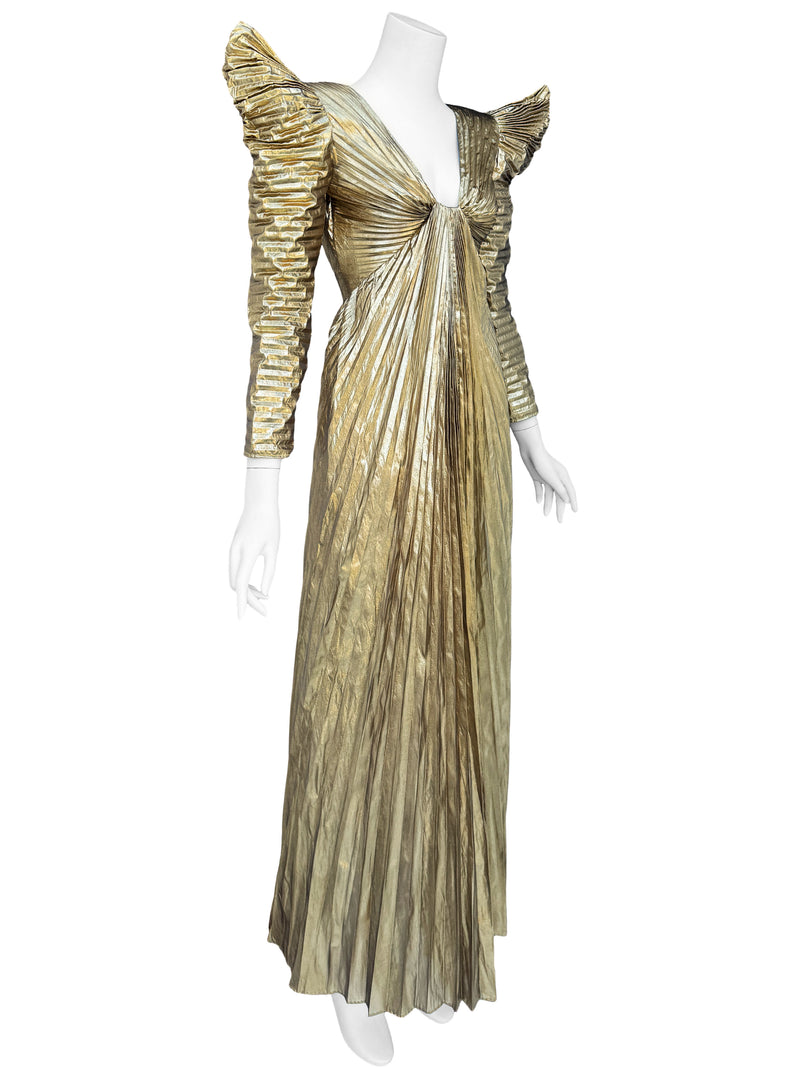 Climax 1980s Pleated Gold Lame Maxi Dress Sweet Disorder Vintage Climax 1980s Pleated Gold Lame Maxi Dress Sweet Disorder Vintage