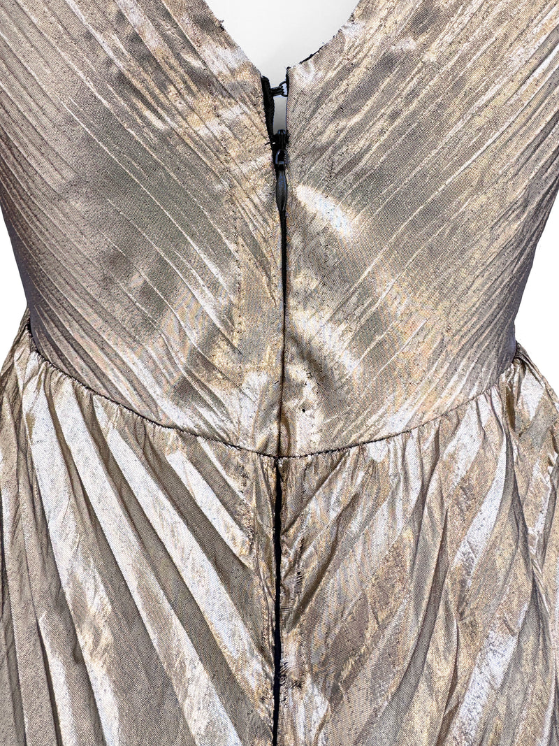 Climax 1980s Pleated Gold Lame Maxi Dress