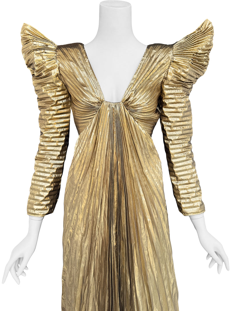 Climax 1980s Pleated Gold Lame Maxi Dress
