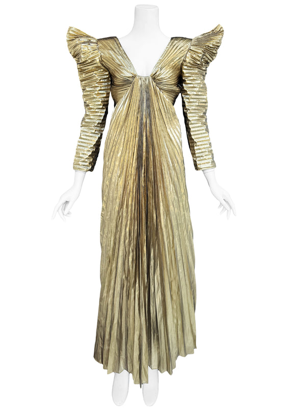 Climax 1980s Pleated Gold Lame Maxi Dress