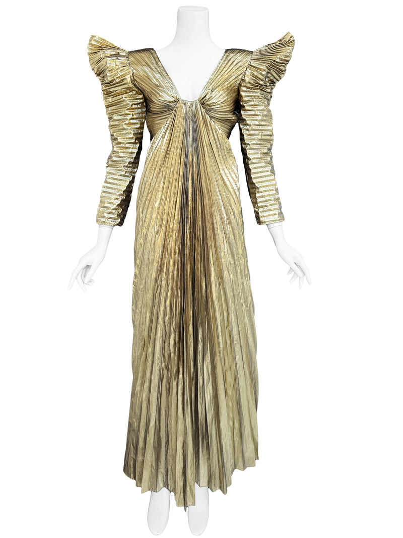 Climax 1980s Pleated Gold Lame Maxi Dress Sweet Disorder Vintage Climax 1980s Pleated Gold Lame Maxi Dress Sweet Disorder Vintage