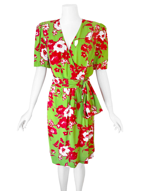 Givenchy Couture 1980s Hubert de Givenchy Floral Silk Wrap Dress