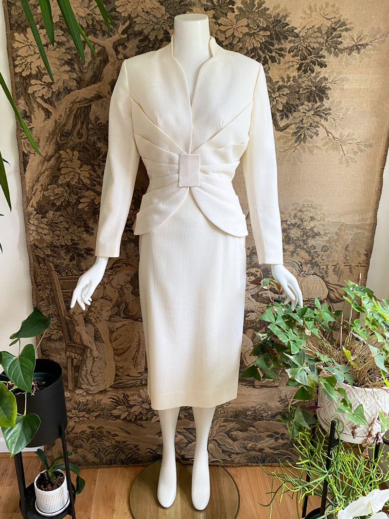 Lilli Ann 1950s Ivory Pleated Skirt Suit