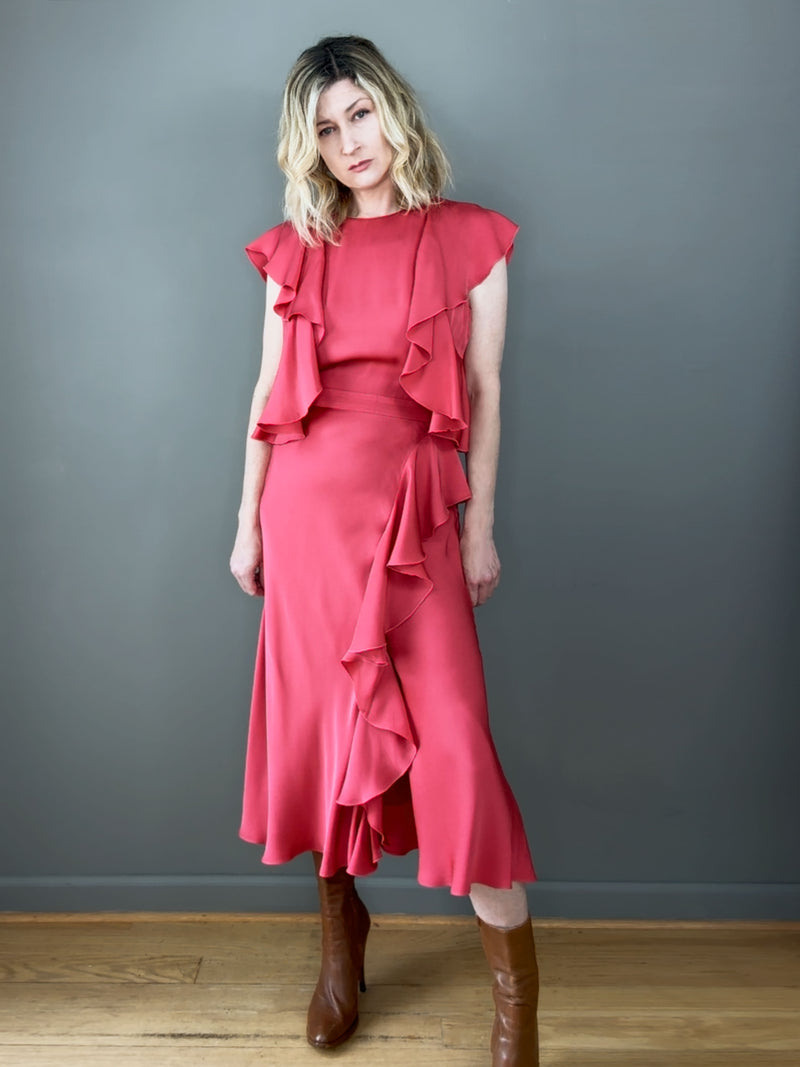 pink silk ruffle dress Hot Pink Pleated Satin Lace Back Maxi Dress - Event Dresses