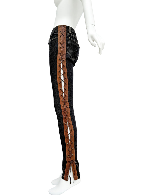 Alexander McQueen A/W 2002 'Supercalifragilistic' Denim Leather Lace Up  Jeans