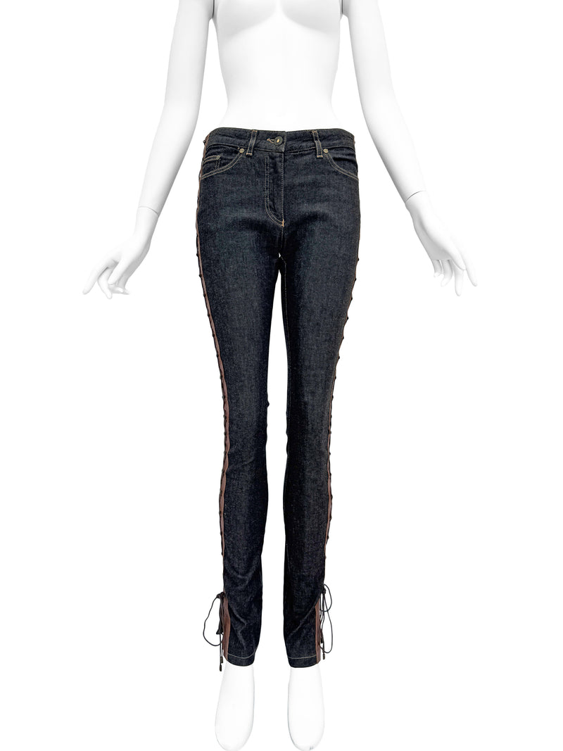 Alexander McQueen A/W 2002 'Supercalifragilistic' Denim Leather Lace Up  Jeans