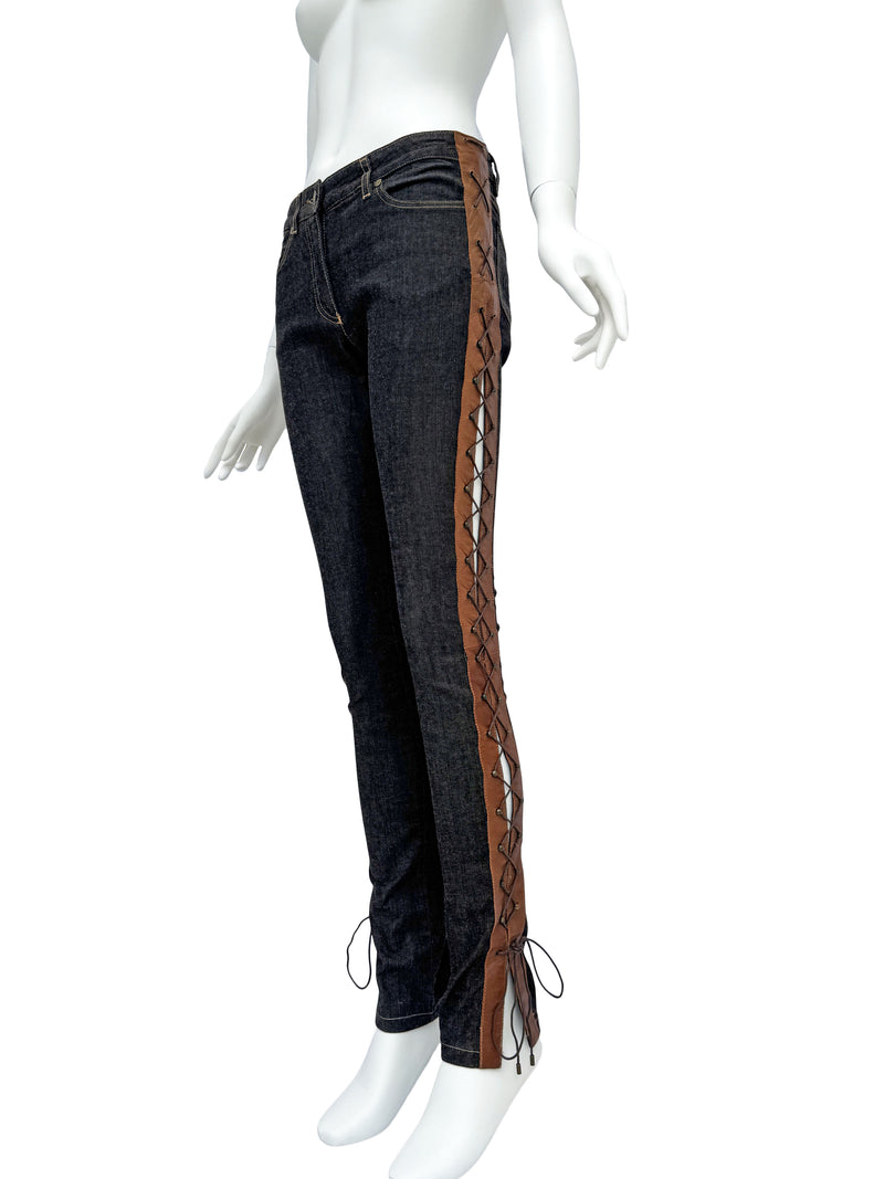 Alexander McQueen A/W 2002 'Supercalifragilistic' Denim Leather Lace Up  Jeans