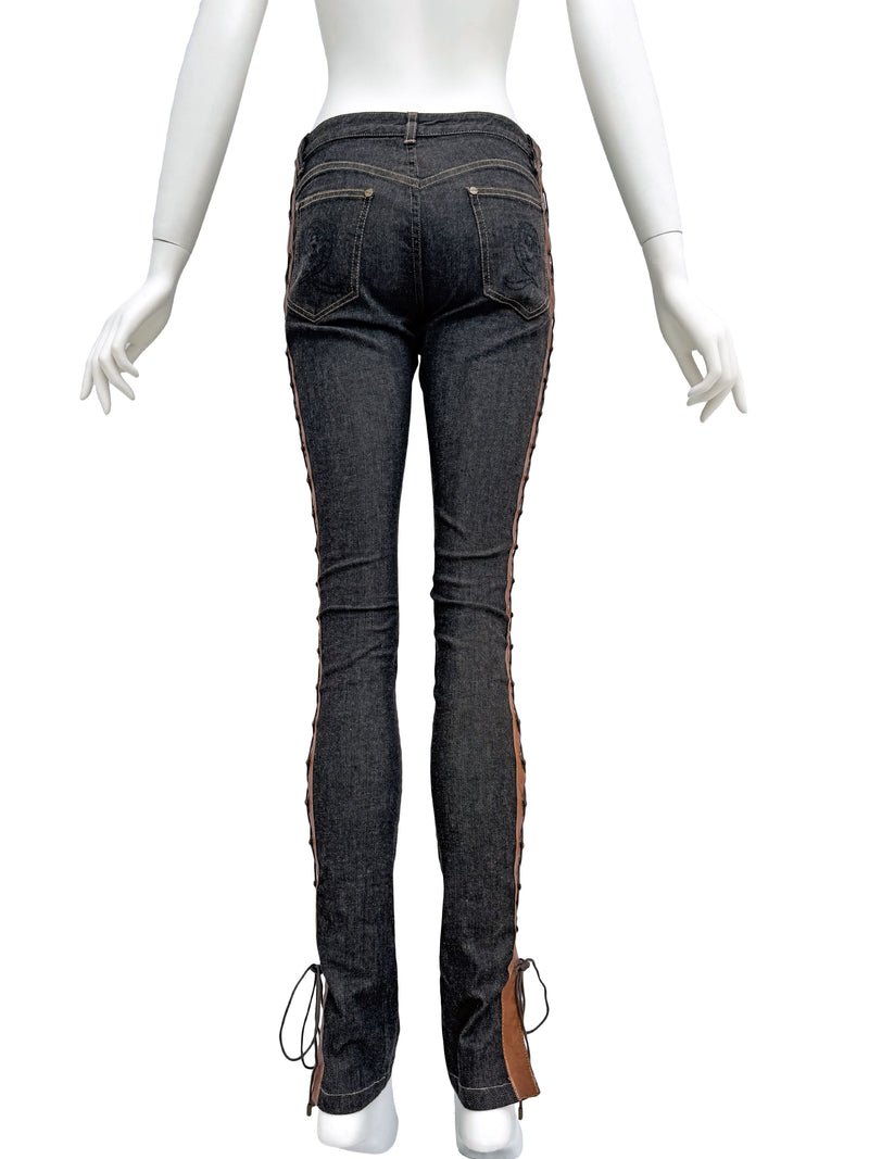 Alexander McQueen A/W 2002 'Supercalifragilistic' Denim Leather Lace Up  Jeans