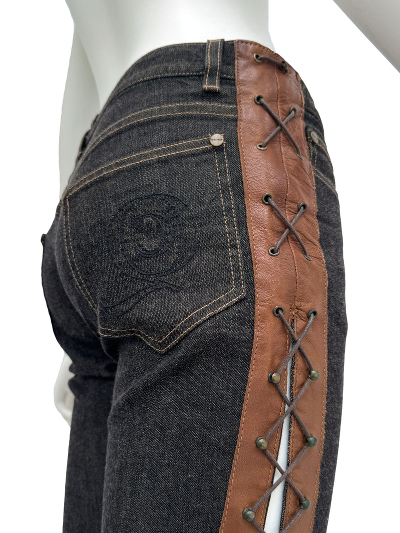 Alexander McQueen A/W 2002 'Supercalifragilistic' Denim Leather Lace Up  Jeans