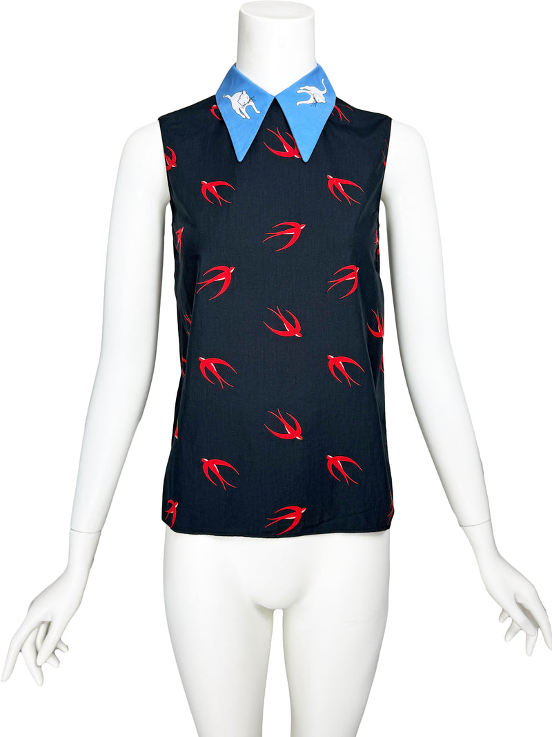 Miu Miu Resort 2016 Cat & Swallow Print Top