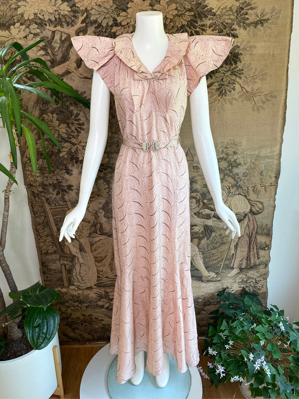 1930s Art Deco Silver Embroidered Gown