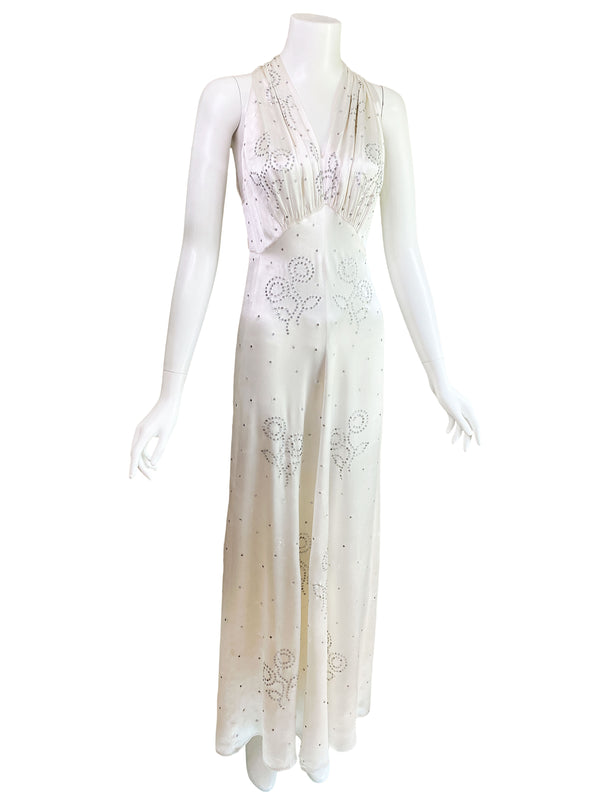 1930s Art Deco Rhinestone Satin Gown