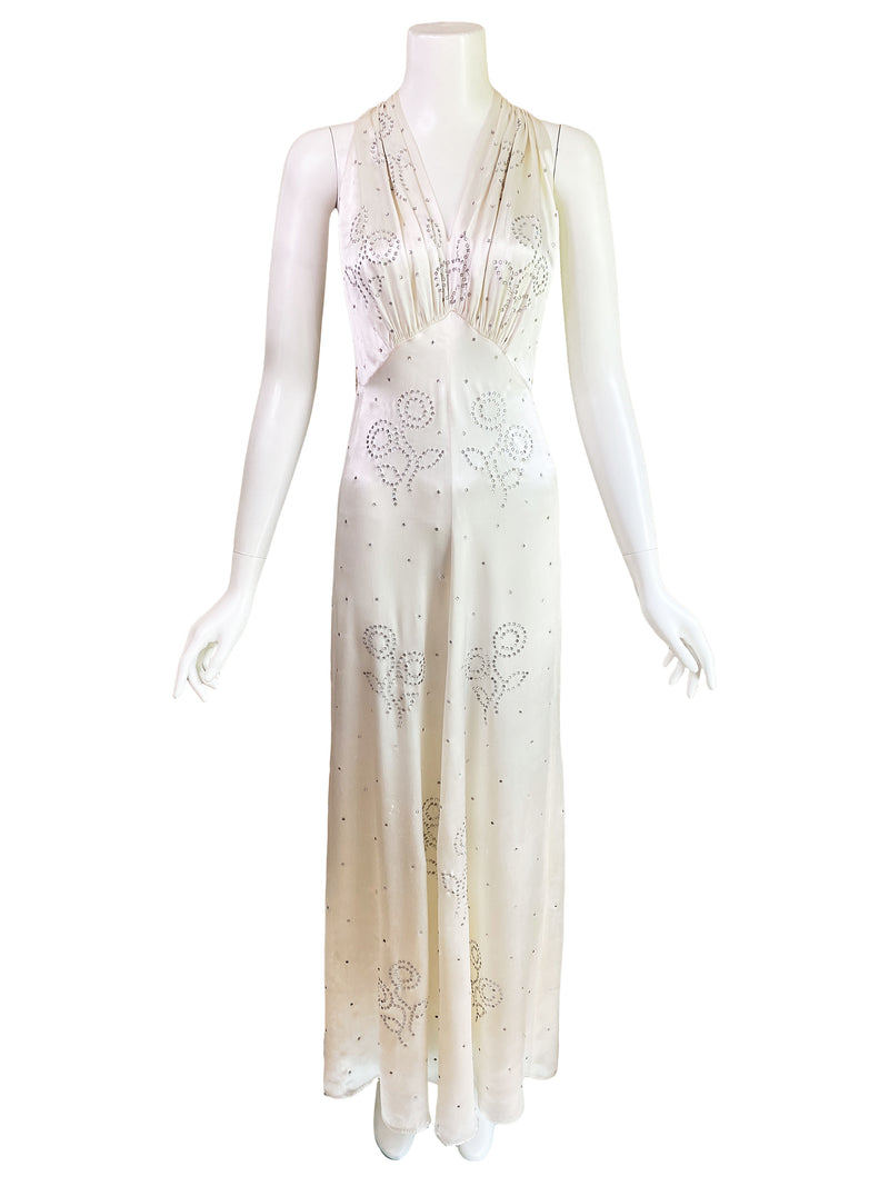 1930s Art Deco Rhinestone Satin Gown