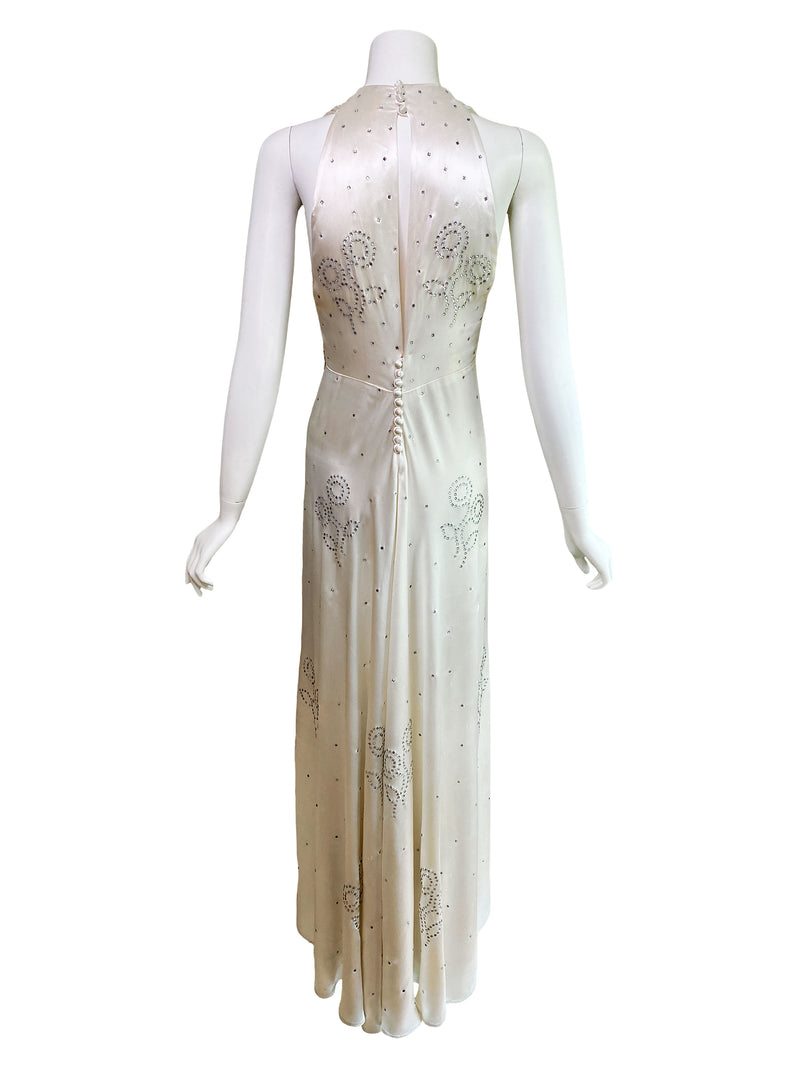 1930s Art Deco Rhinestone Satin Gown