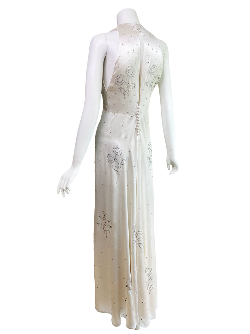 1930s Art Deco Rhinestone Satin Gown