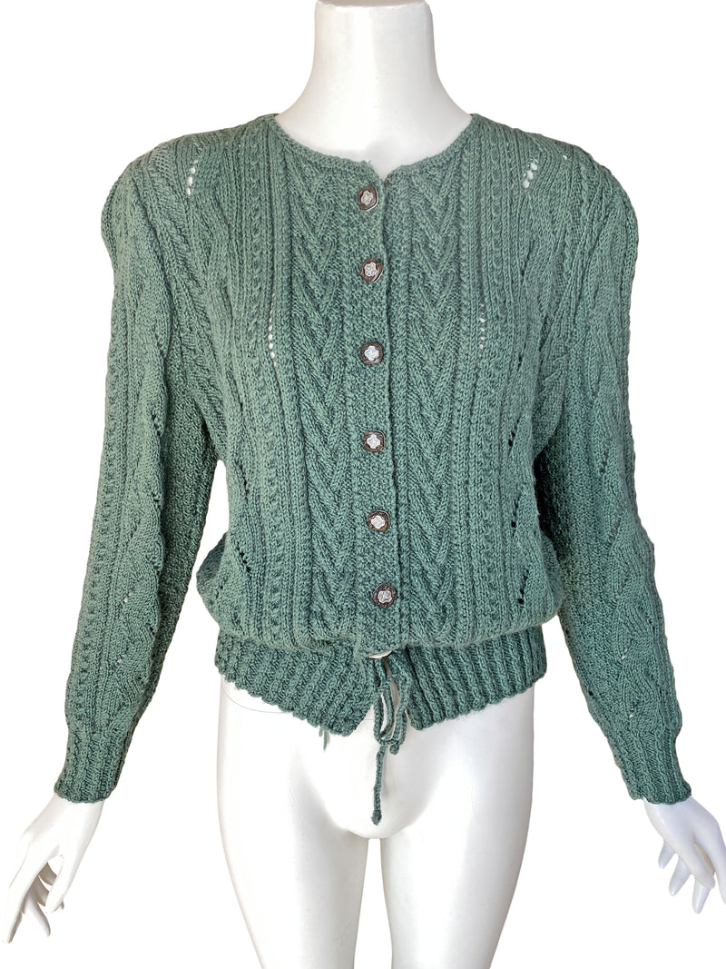 1980s Hand Knit Sage Green Folk Cardigan