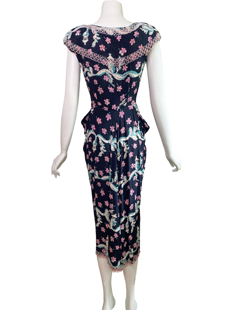 1940s Jo Copeland for Pat Tullo Sakura Print Dress
