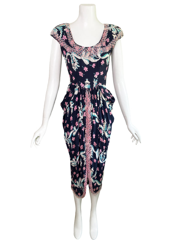 1940s Jo Copeland for Pat Tullo Sakura Print Dress