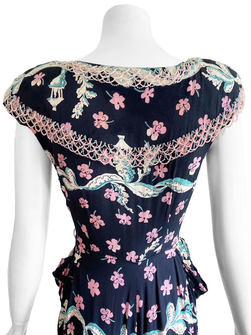 1940s Jo Copeland for Pat Tullo Sakura Print Dress