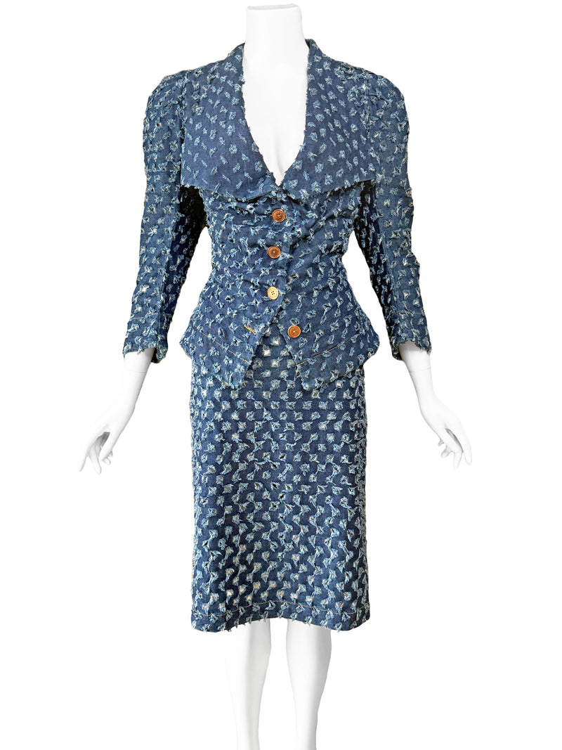 Vivienne Westwood Anglomania 1990s 'Cut Slash Pull' Denim Skirt Suit