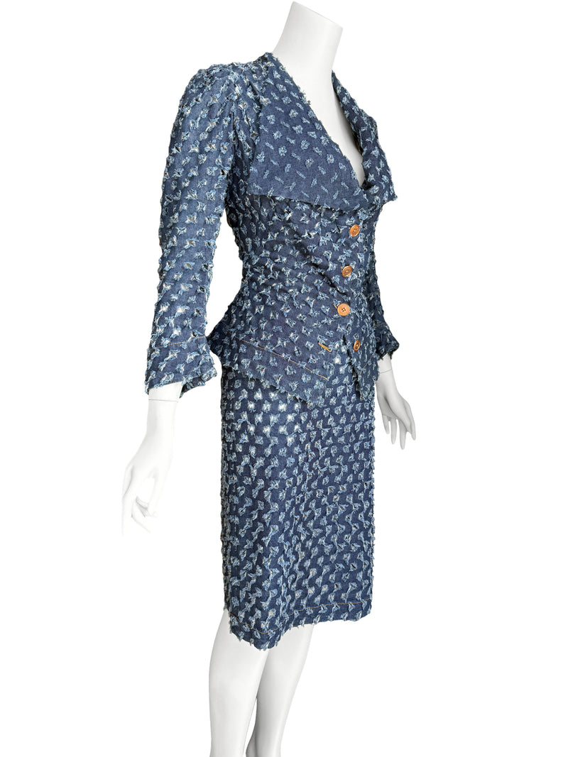 Vivienne Westwood Anglomania 1990s 'Cut Slash Pull' Denim Skirt Suit