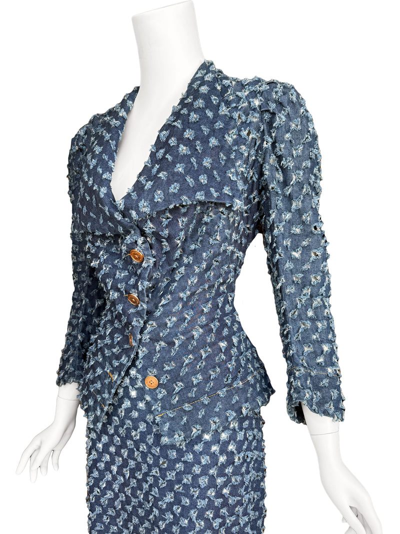 Vivienne Westwood Anglomania 1990s 'Cut Slash Pull' Denim Skirt Suit