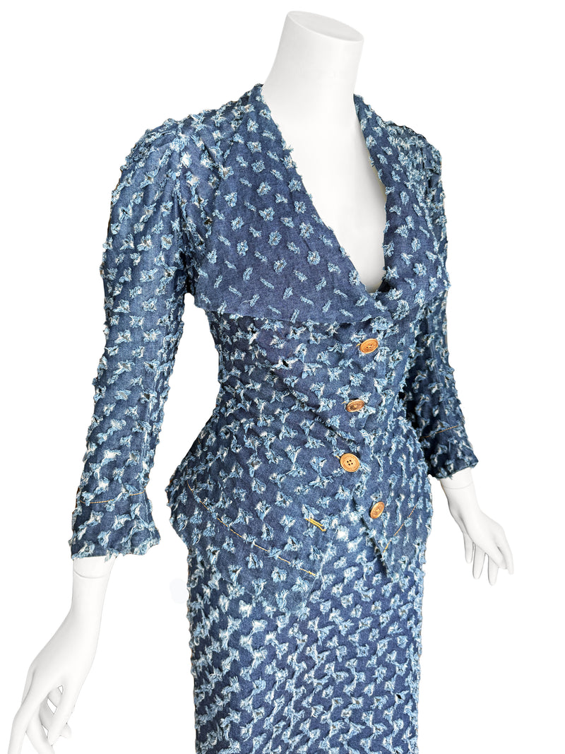 Vivienne Westwood Anglomania 1990s 'Cut Slash Pull' Denim Skirt Suit