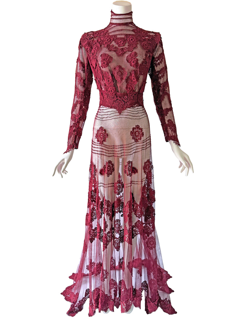 Antique Cherry Red  Lace Gown