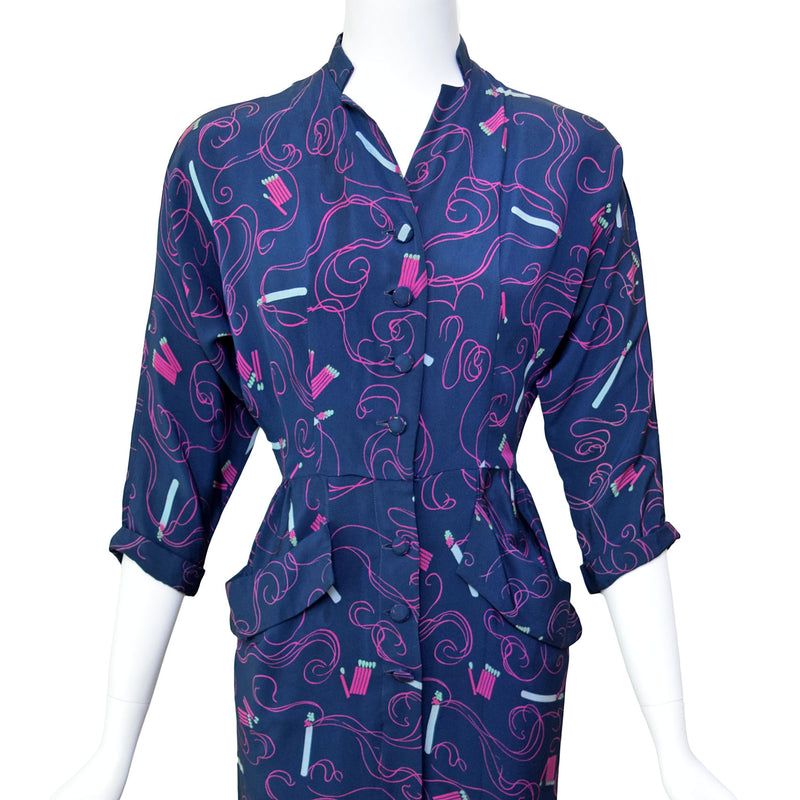 1940s Cigarette & Matches Print Dress